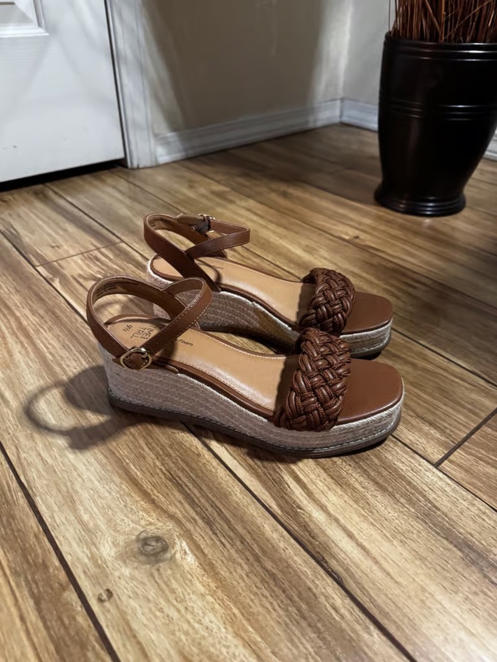 Time and Tru Brown Braided Espadrille Wedge Sandals with Ankle Strap